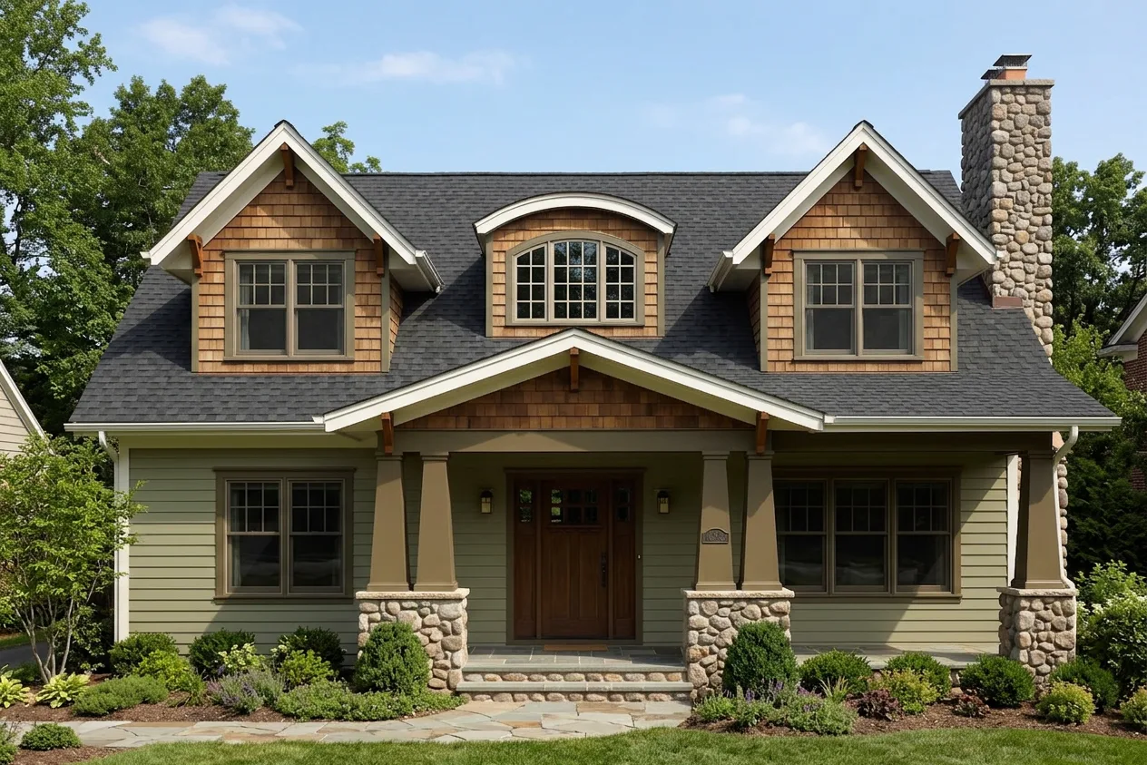 Charcoal roof shingles on a Craftsman home