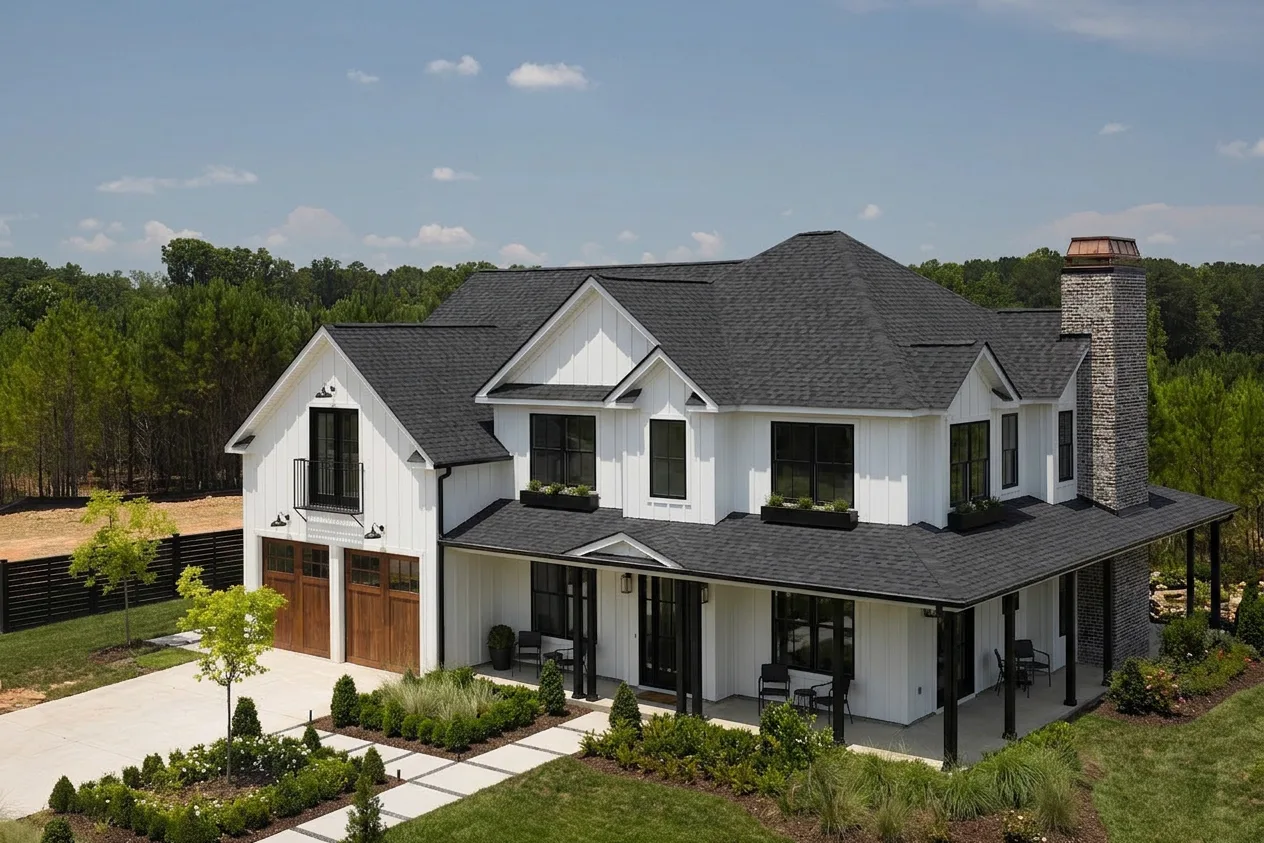 Farmhouse with a deep neutral roof